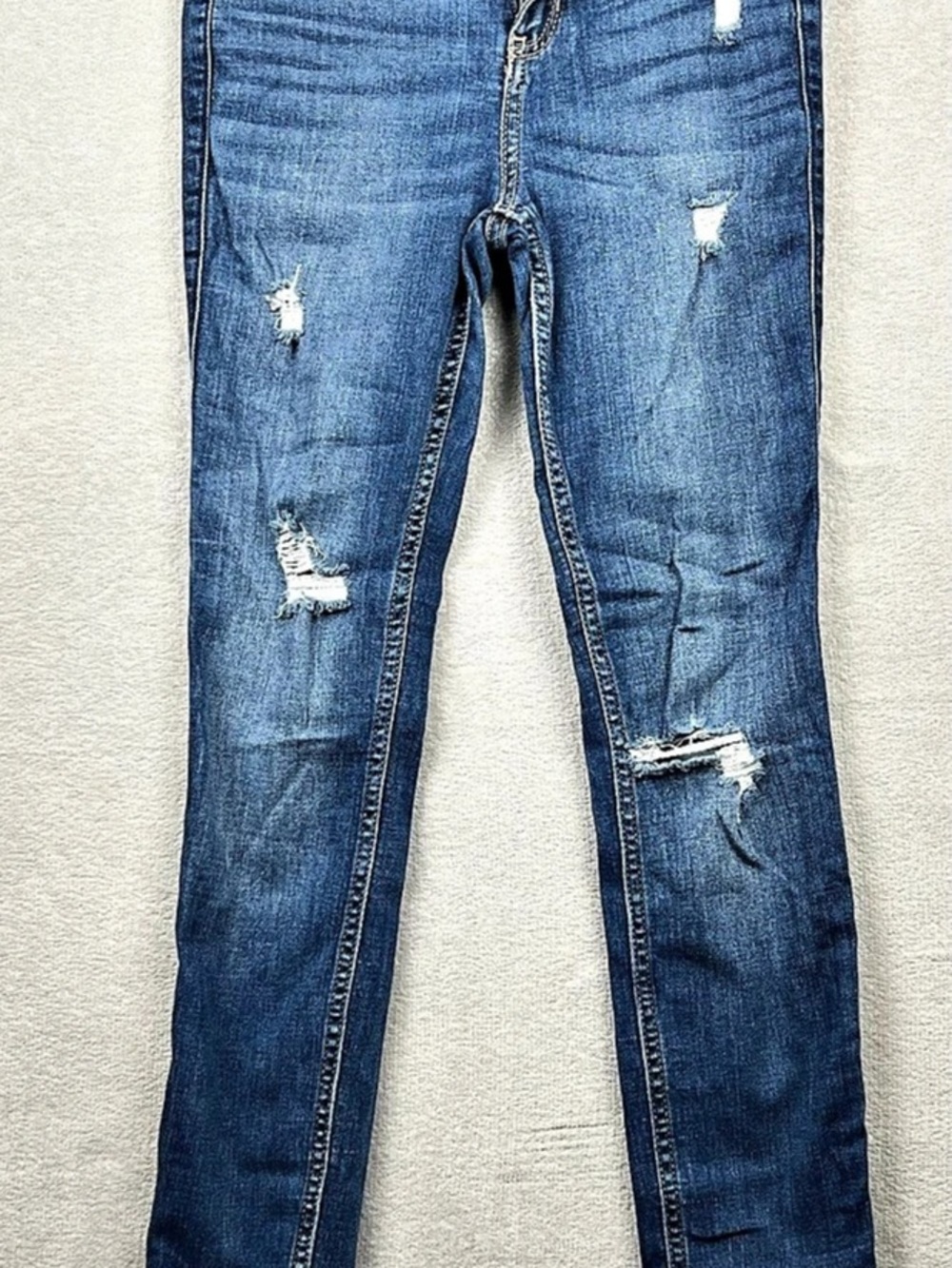 Hollister Mid-Rise Super Skinny Distressed Skinny Jeans in Blue Waist 25 L30